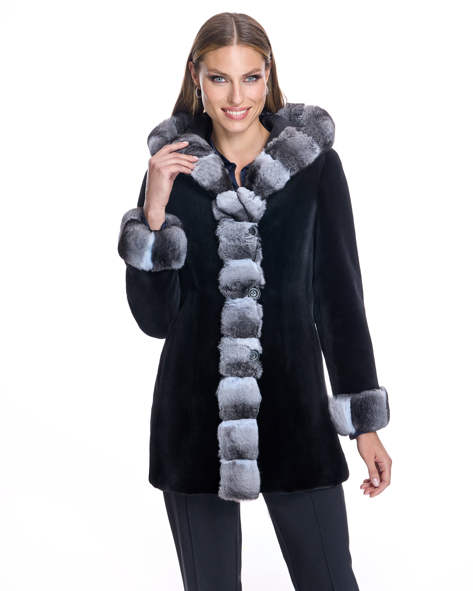 Sheared Mink Reversible Hooded Coat with Chinchilla Trim