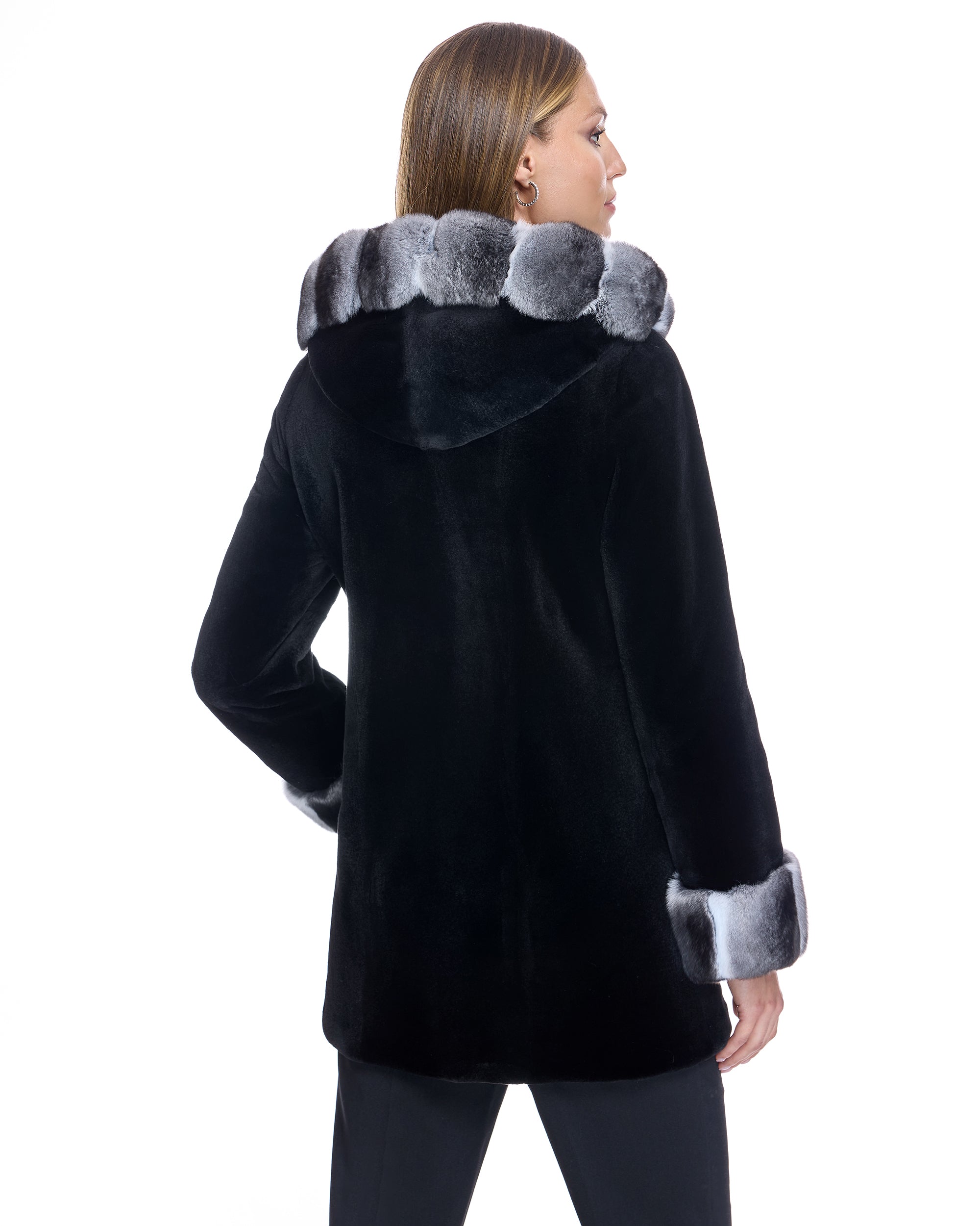 Sheared Mink Reversible Hooded Coat with Chinchilla Trim