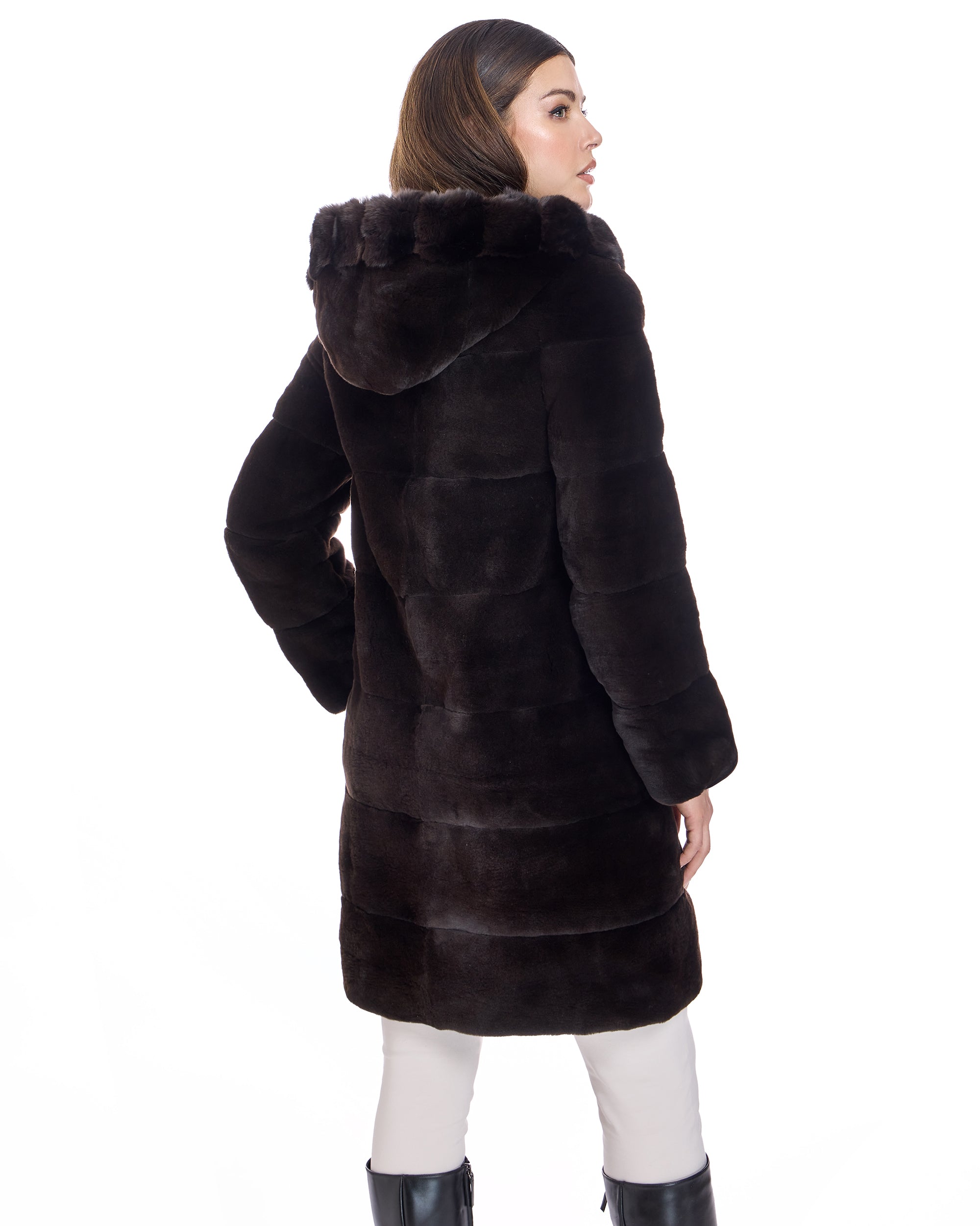 Reversible Plucked Mink Hooded Coat with Chinchilla Trim