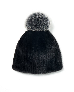 Knitted Mink Hat With Fox Pompom