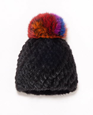 Knitted Mink Section Hat with Fox Pom Pom