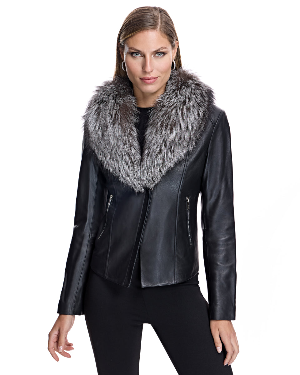 Gray Shearling Jacket with Fox Collar