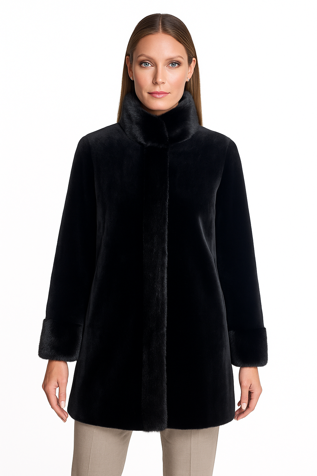 32" Black Dyed Sheared mink Reversible Jacket with Long Hair Mink Collar & Cuffs