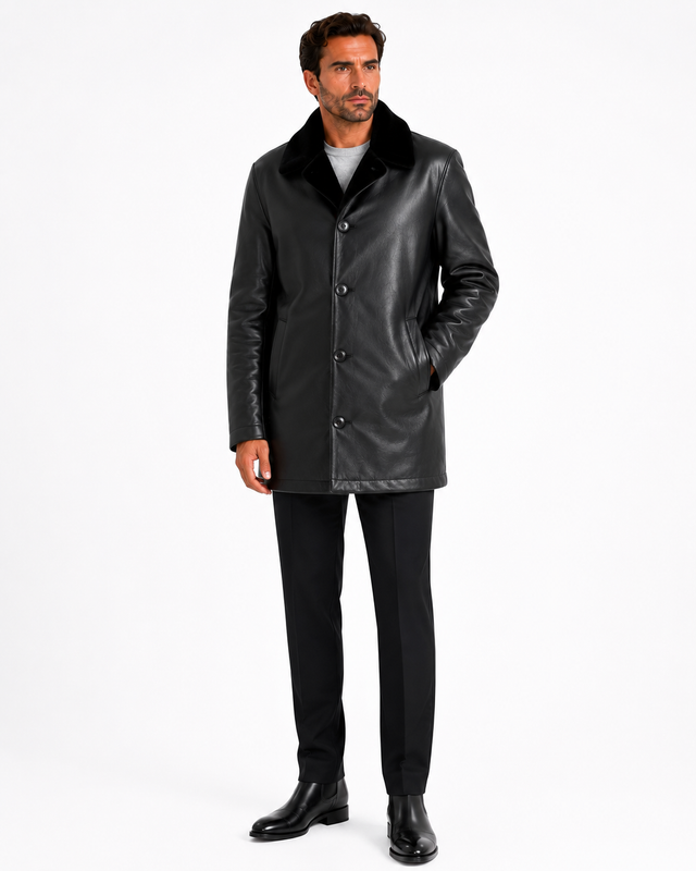 Men's 33" Reversible Black Leather Jacket with Sheared Rabbit & Mink Shirt collar