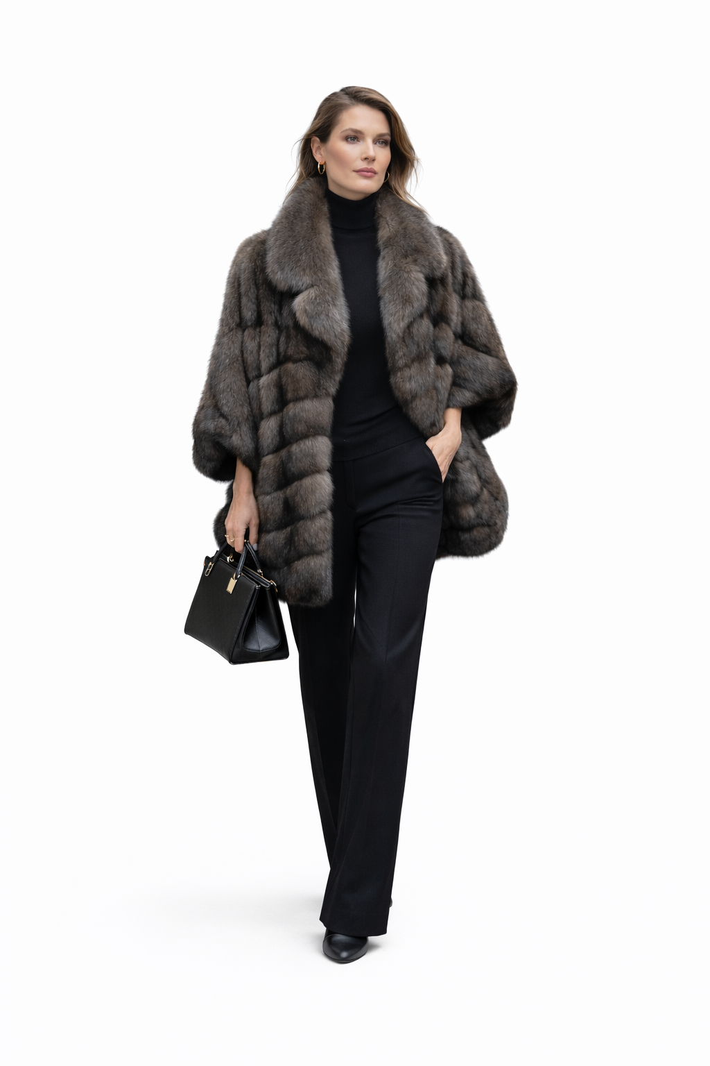 31" Tip-Dyed Barguzin Sable Cape Jacket with Chevron Body and Batwing Sleeves