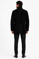 Maximilian 33" Black Dyed Swakara Lamb Men's Peacoat with Leather Trim