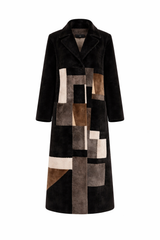 Black Shearling Lamb Geometric Coat with Brown Inserts