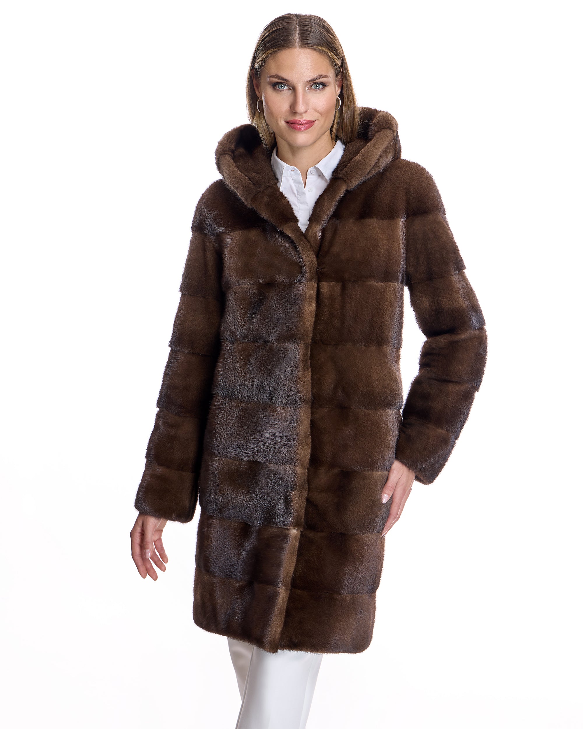 Horizontal Hooded Mink Coat