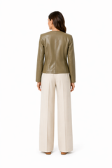 Sage Green Collarless Leather Jacket- 22"