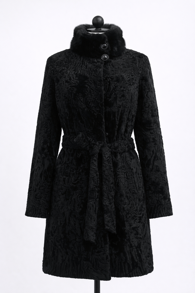 Archive & Vintage Black Swakara Lamb Coat with Black Mink Stand Collar- 35"