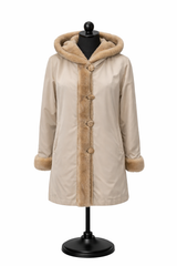 Archive & Vintage Beige Raincoat with Sheared Mink Hood &amp; Pastel Tuxedo Trim -32"