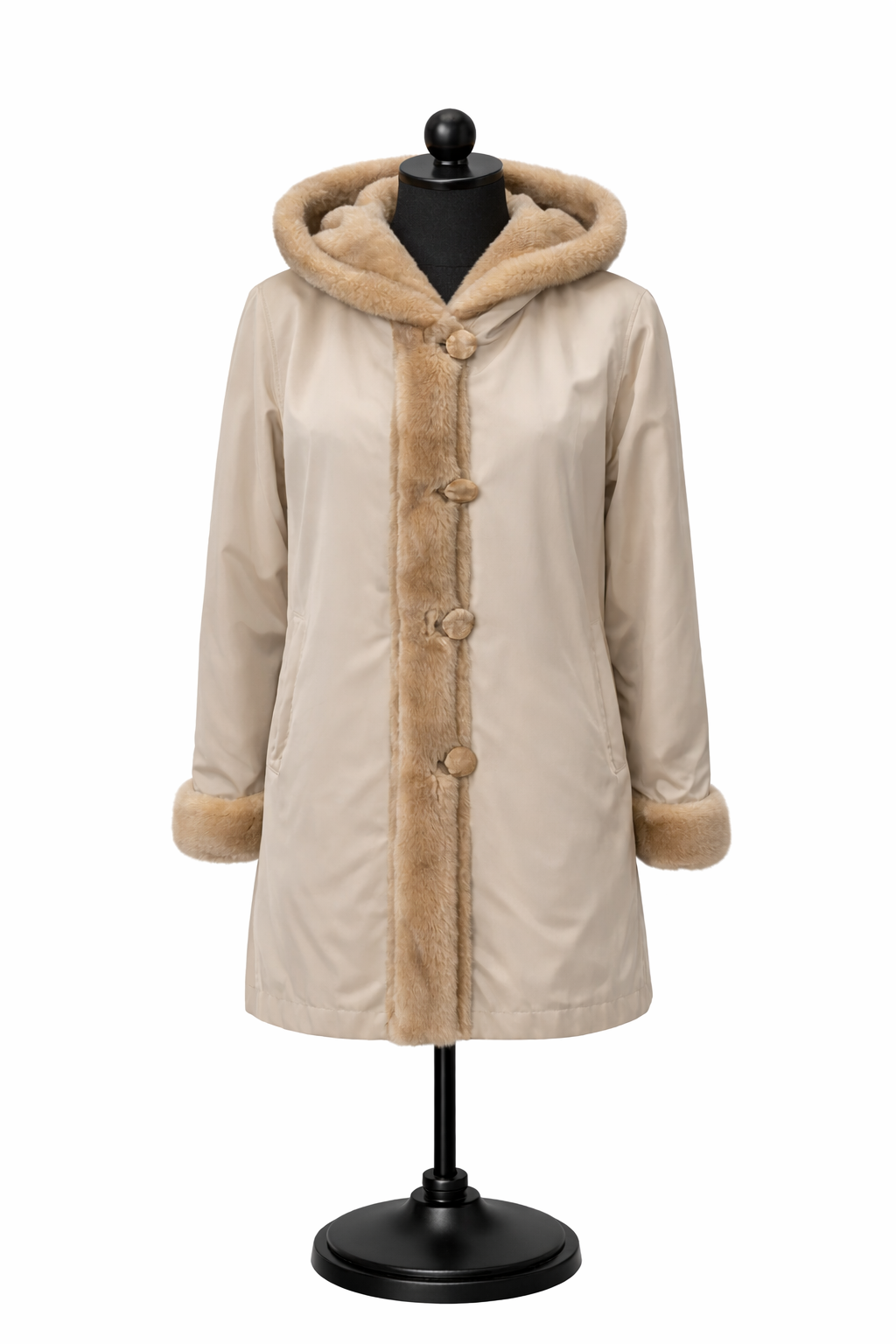 Archive & Vintage Beige Raincoat with Sheared Mink Hood &amp; Pastel Tuxedo Trim -32"