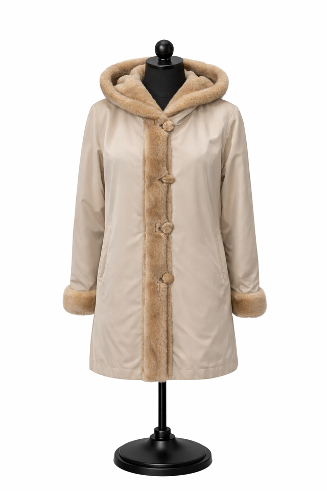 Archive & Vintage Beige Raincoat with Sheared Mink Hood &amp; Pastel Tuxedo Trim -32"