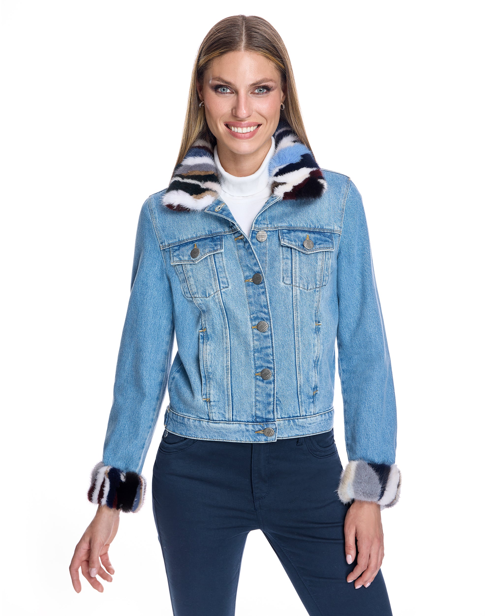 Denim Jacket with mink collar and cuff