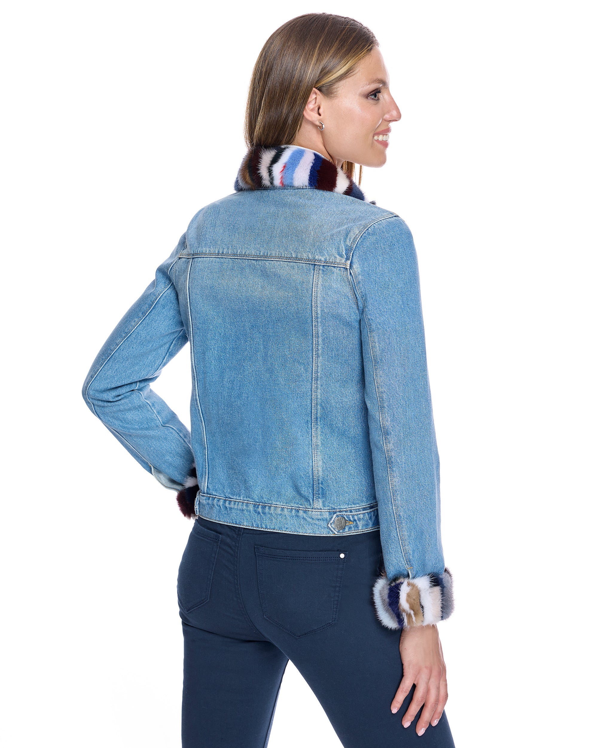 Denim Jacket with mink collar and cuff