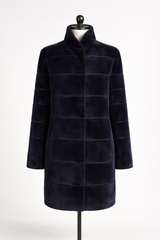Archive & Vintage Reversible Navy Sheared Mink Coat with leather Inserts- 35"