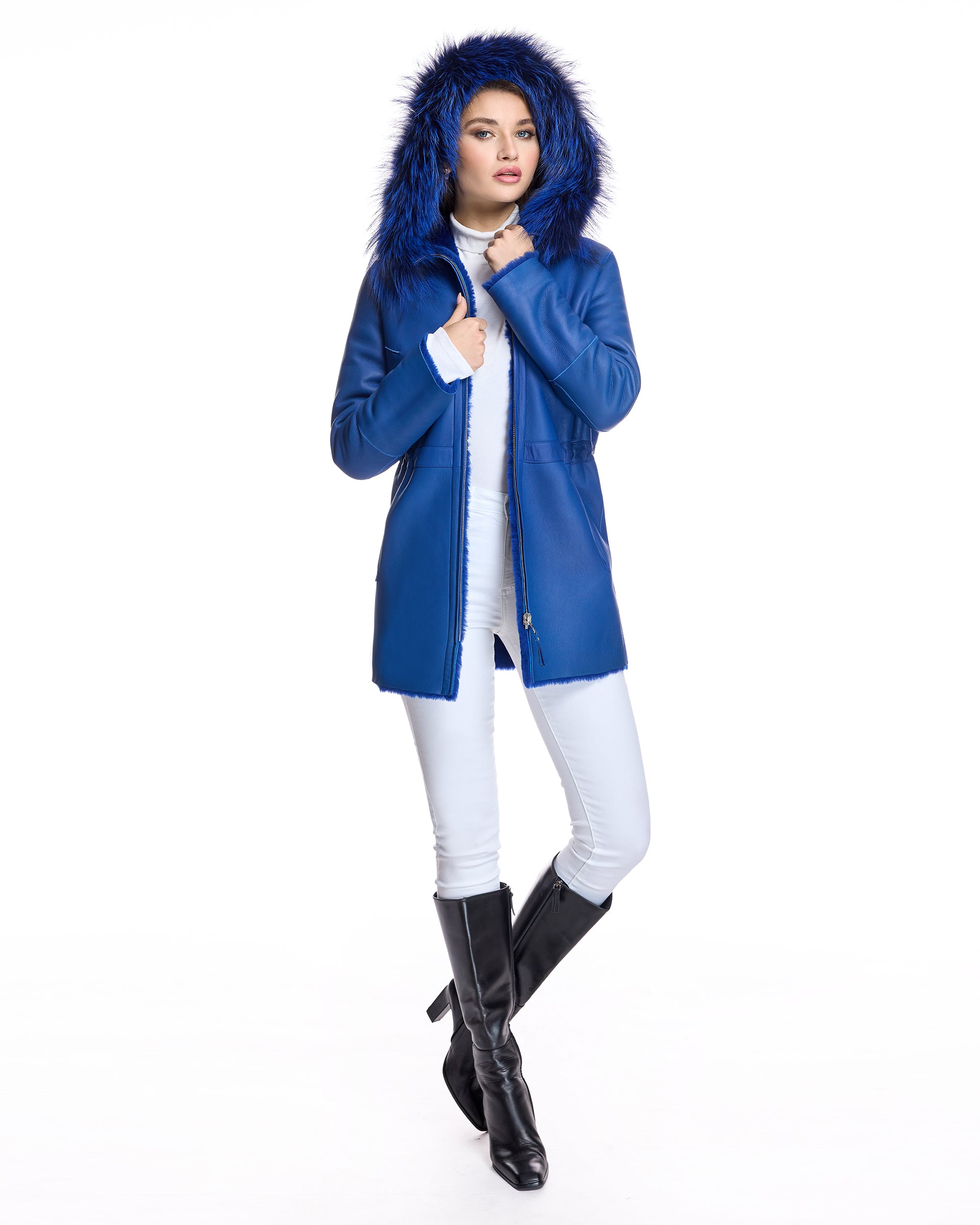 Reversible Shearling Lamb Jacket with Fox Trimmed Hood
