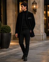 Maximilian 33" Black Dyed Swakara Lamb Men's Peacoat with Leather Trim