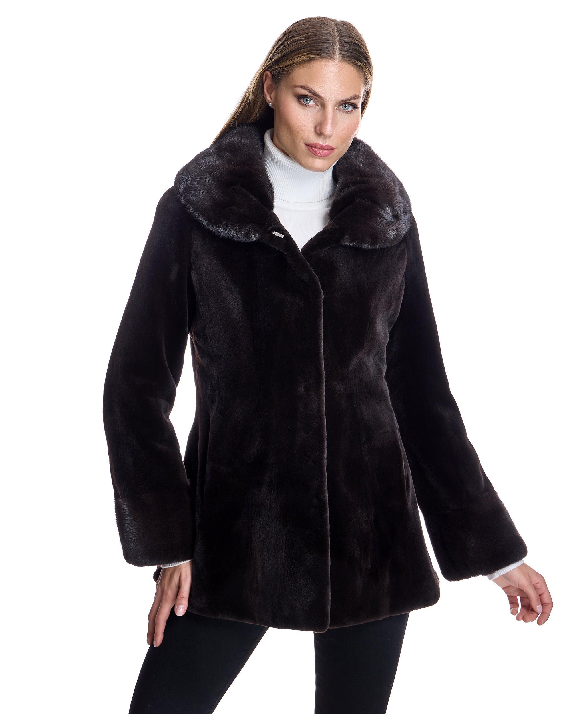 Sheared Mink Jacket with Round Long Hair mink Collar