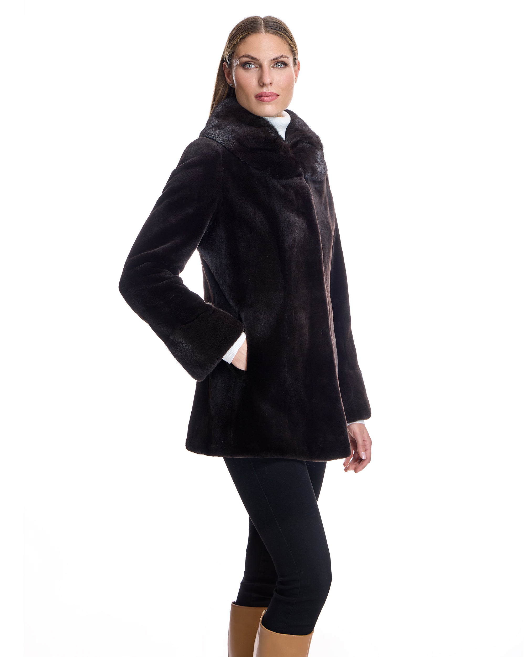 Sheared Mink Jacket with Round Long Hair mink Collar