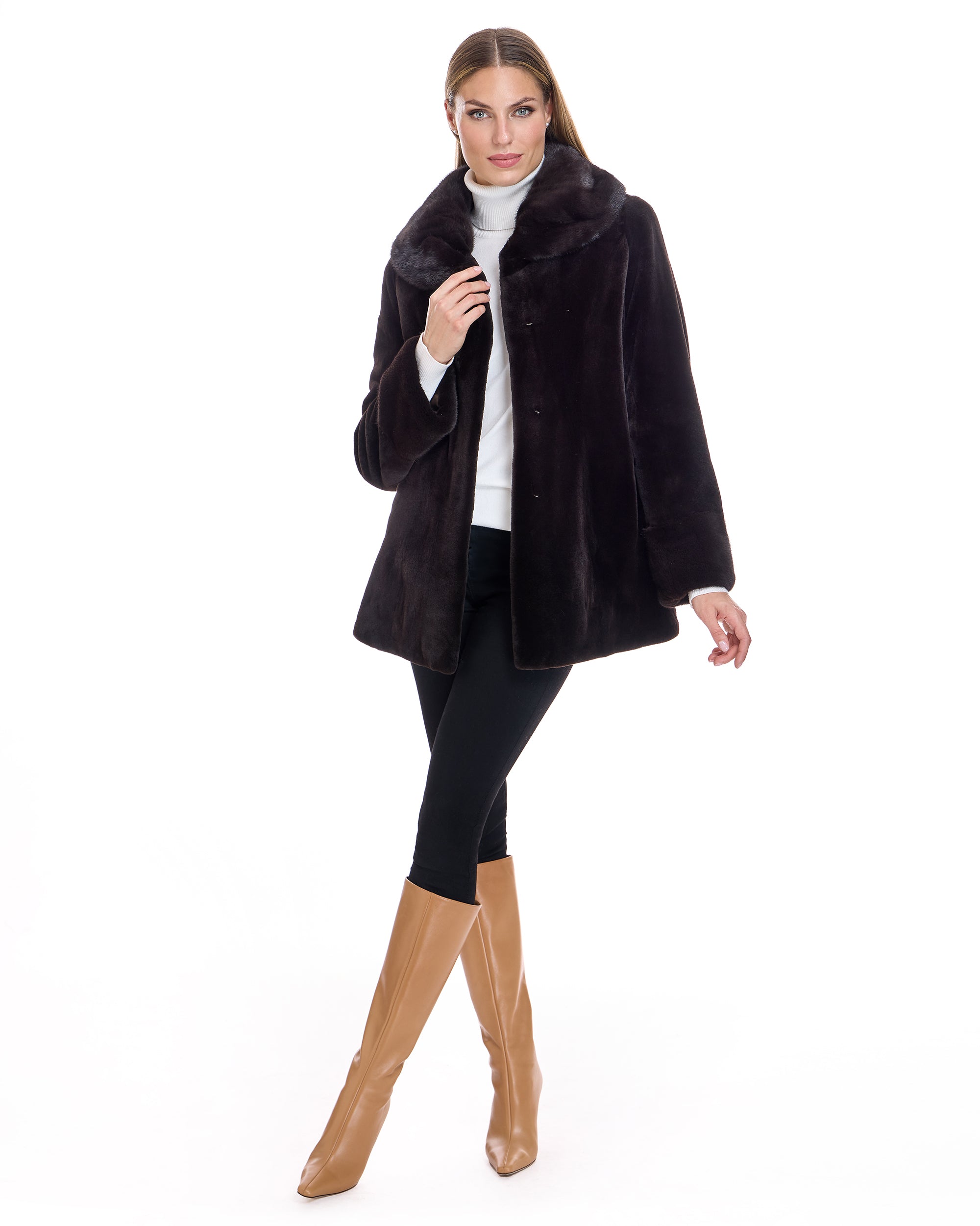 Sheared Mink Jacket with Round Long Hair mink Collar