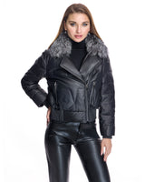 Leather Bomber Jacket With Silver Fox Collar