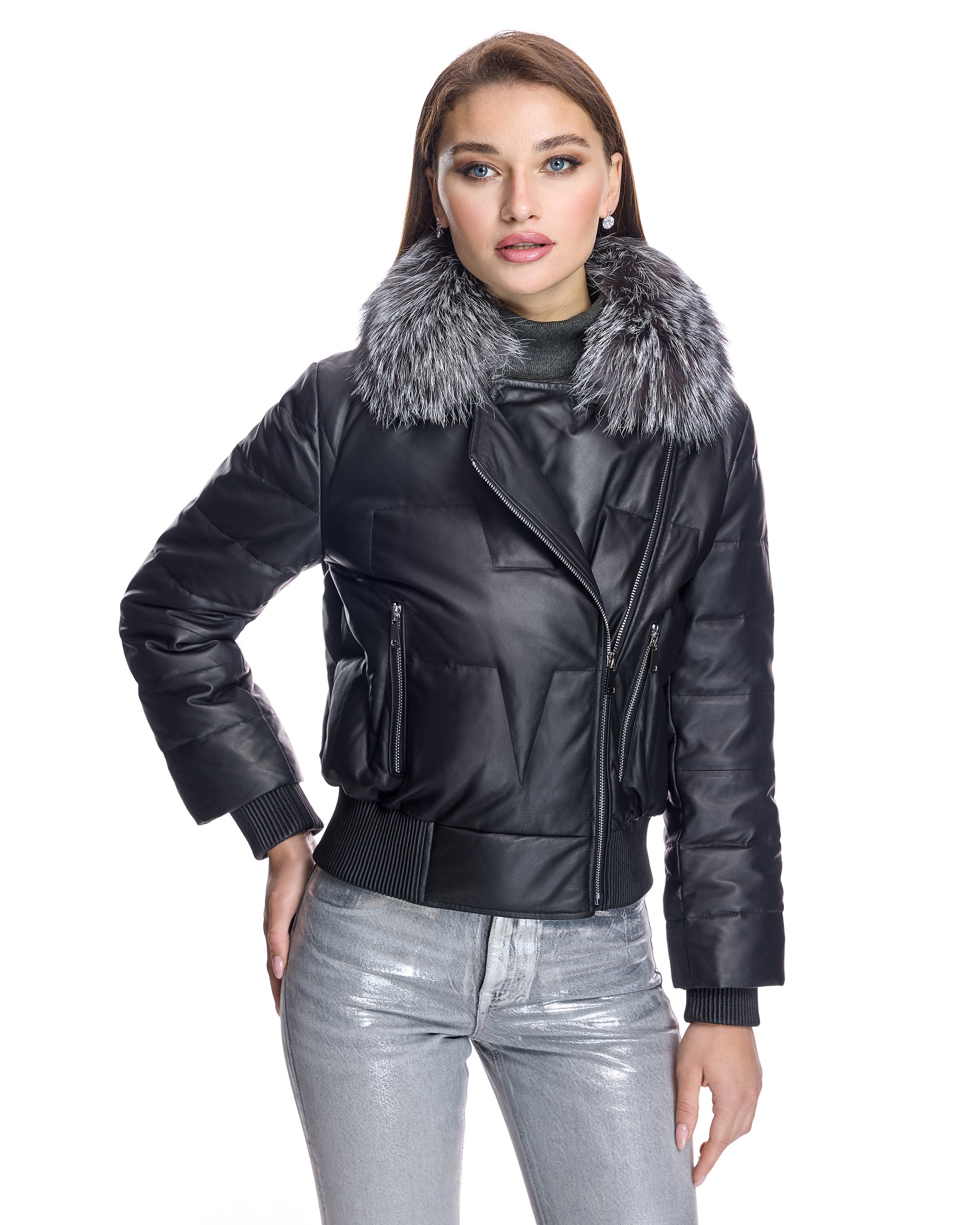 Leather Bomber Jacket With Silver Fox Collar