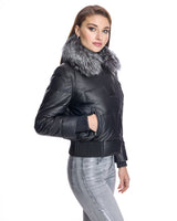 Leather Bomber Jacket With Silver Fox Collar