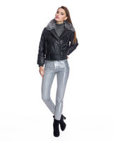 Leather Bomber Jacket With Silver Fox Collar