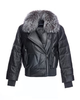 Leather Bomber Jacket With Silver Fox Collar