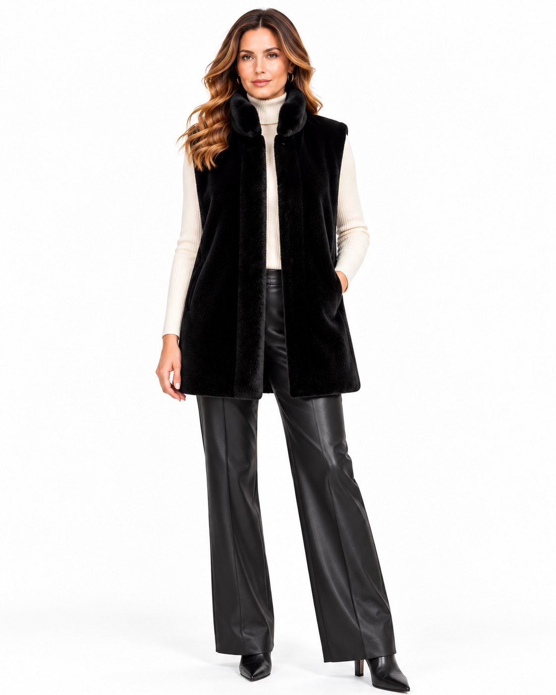 Maximilian 30" Black Sheared Mink Vest with Mink Stand Collar