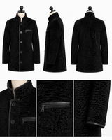Maximilian 33" Black Dyed Swakara Lamb Men's Peacoat with Leather Trim