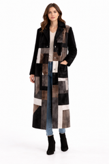 Black Shearling Lamb Geometric Coat with Brown Inserts