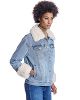 Julia & Stella by Maximilian Fur-Trimmed Denim Jacket-Maximilian