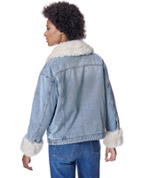 Julia & Stella by Maximilian Fur-Trimmed Denim Jacket-Maximilian