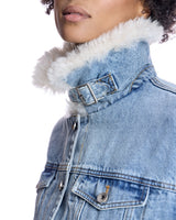 Julia & Stella by Maximilian Fur-Trimmed Denim Jacket-Maximilian
