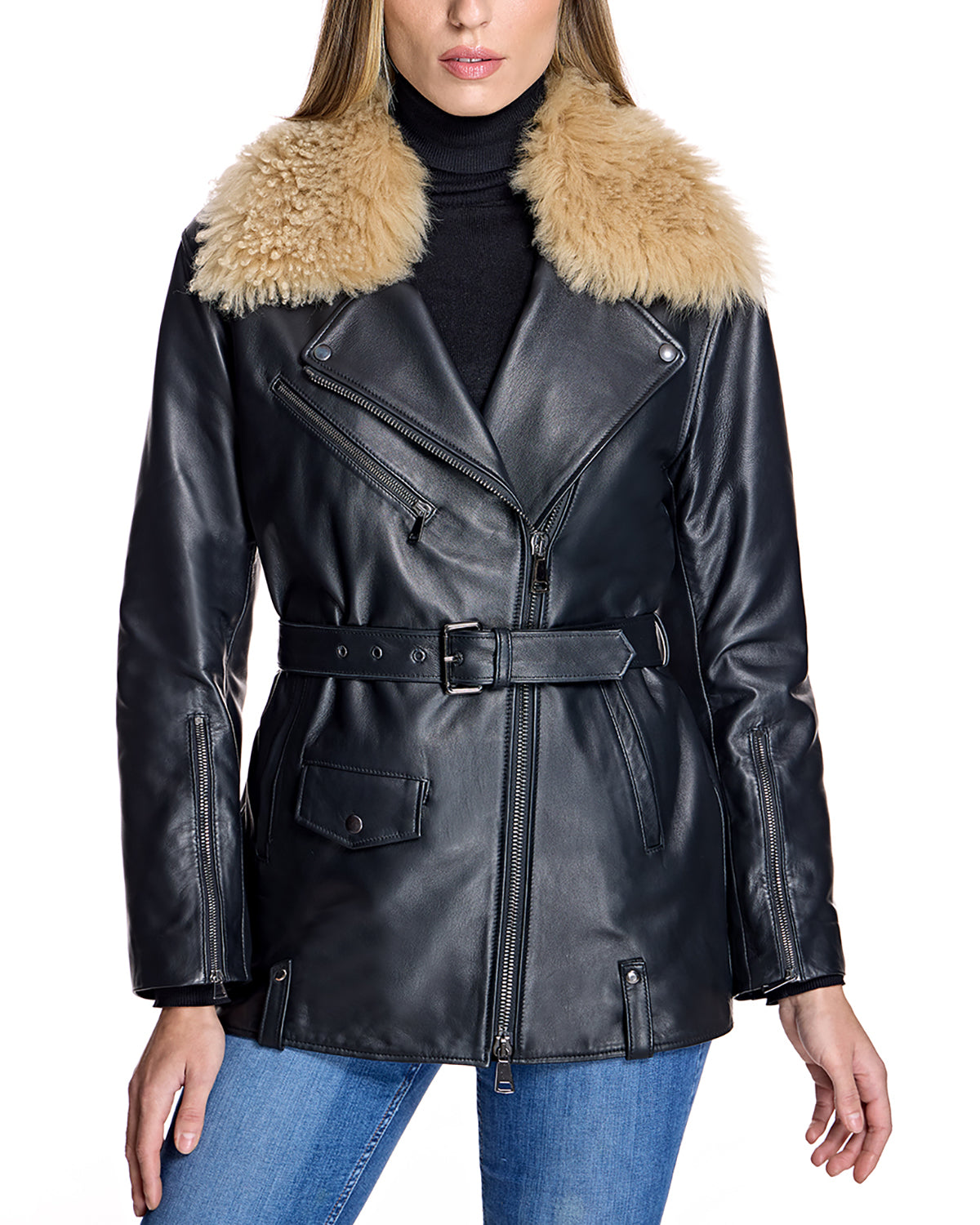 Leather Belted Moto Jacket with Detachable Lamb Collar-Maximilian