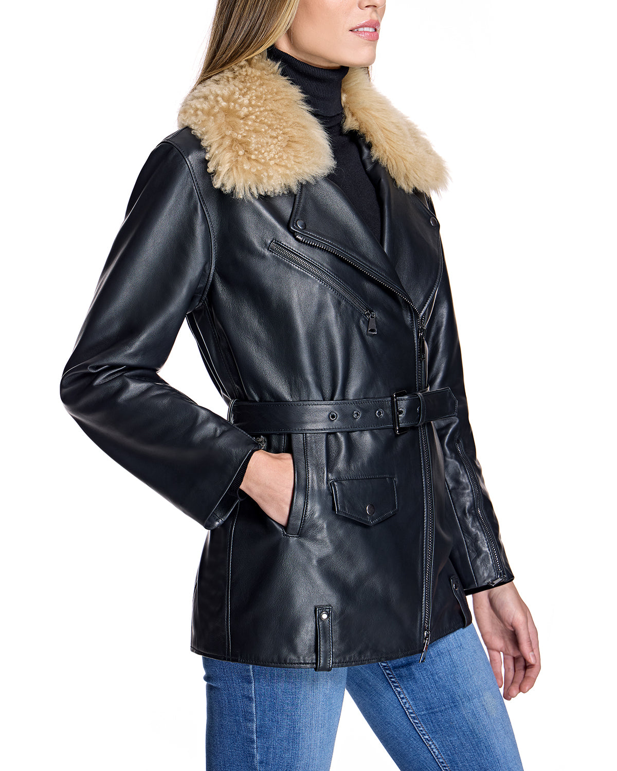 Leather Belted Moto Jacket with Detachable Lamb Collar-Maximilian