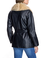 Leather Belted Moto Jacket with Detachable Lamb Collar