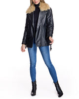 Leather Belted Moto Jacket with Detachable Lamb Collar