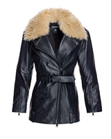 Leather Belted Moto Jacket with Detachable Lamb Collar