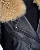 Leather Belted Moto Jacket with Detachable Lamb Collar