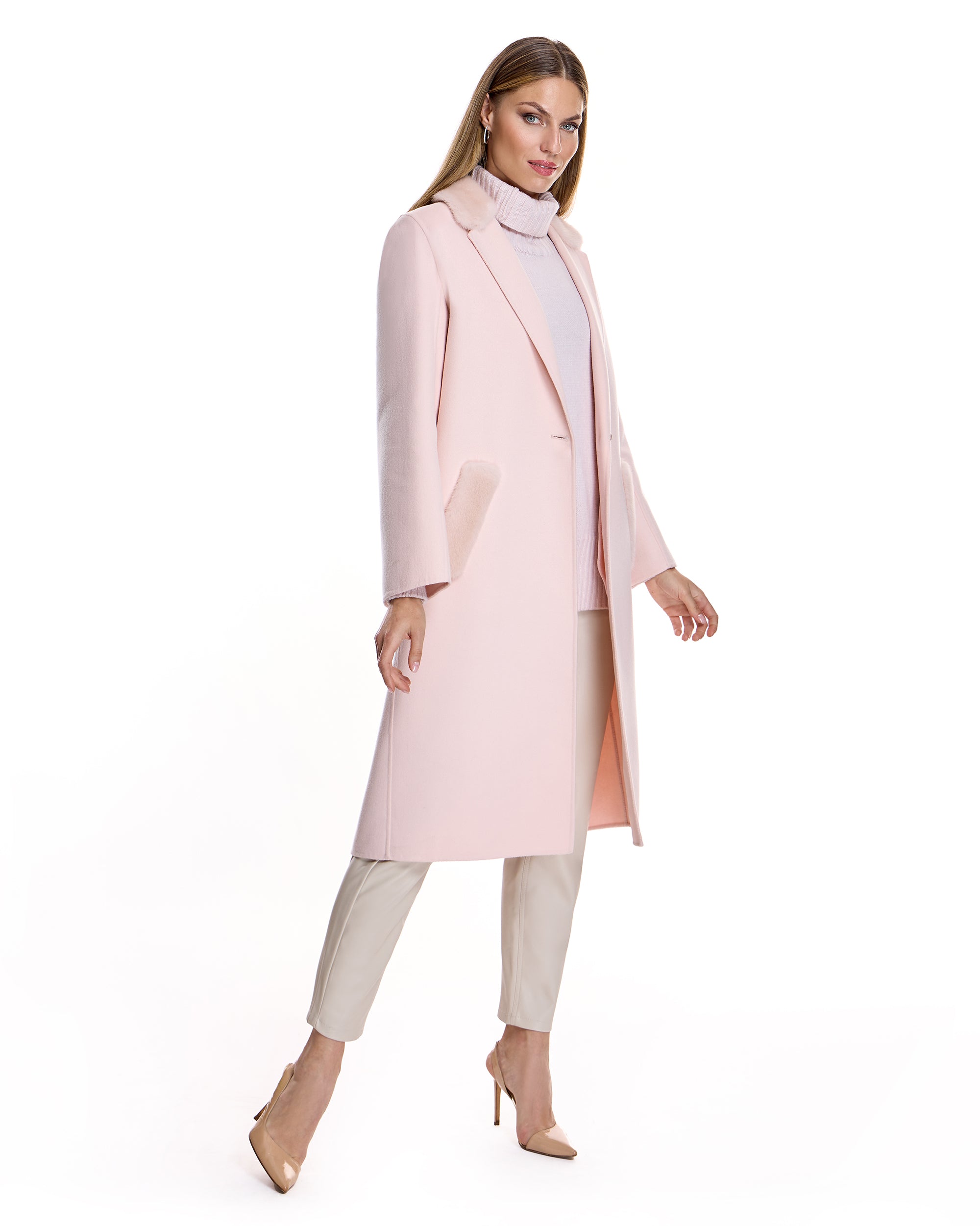 Woolblend Coat with Mink Collar and Pocket Trim
