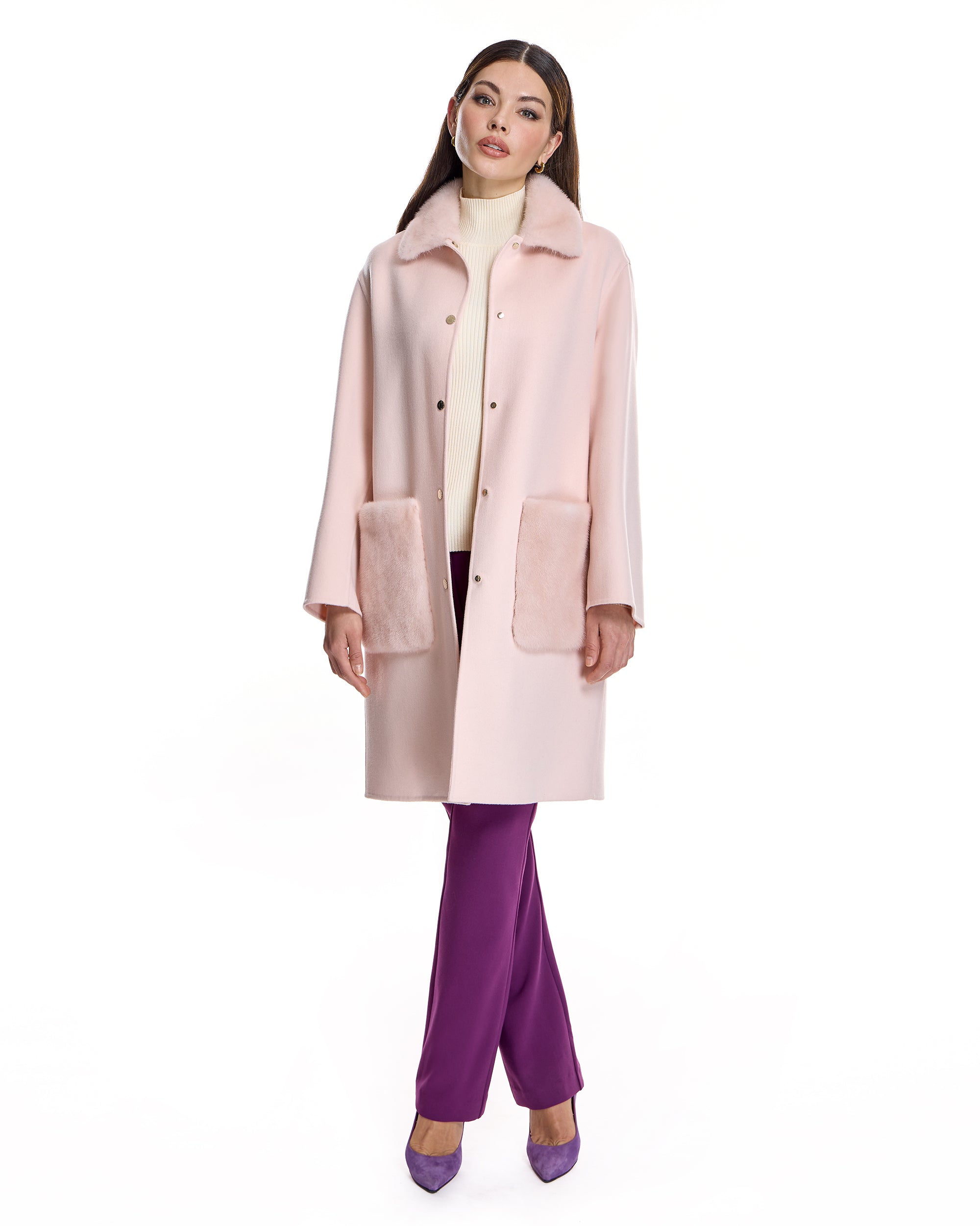 Woolblend Coat with Mink Collar and Pockets