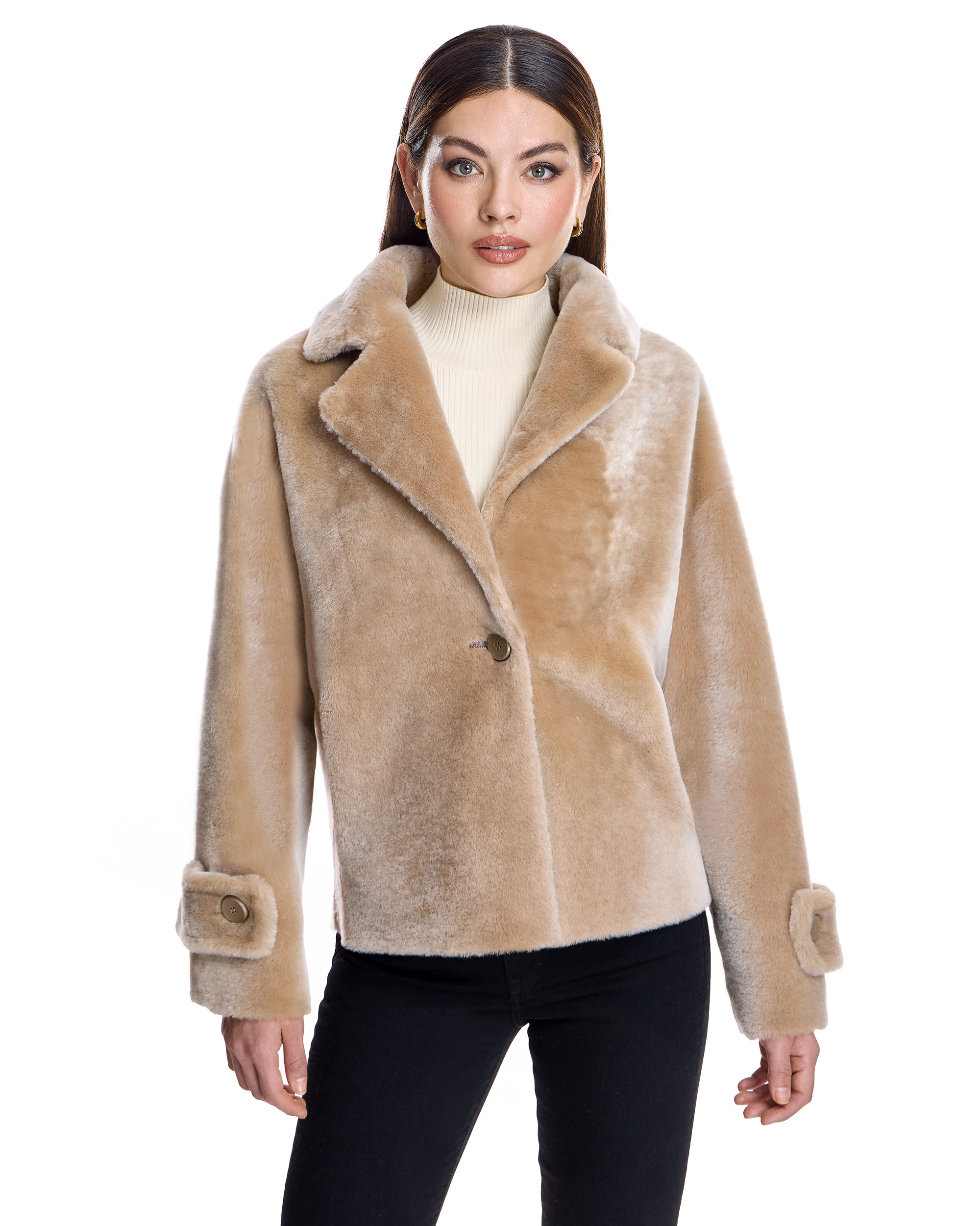 REVERSIBLE SHEARLING LAMB JACKET, NOTCH COLLAR, STRAIGHT SLEEVE