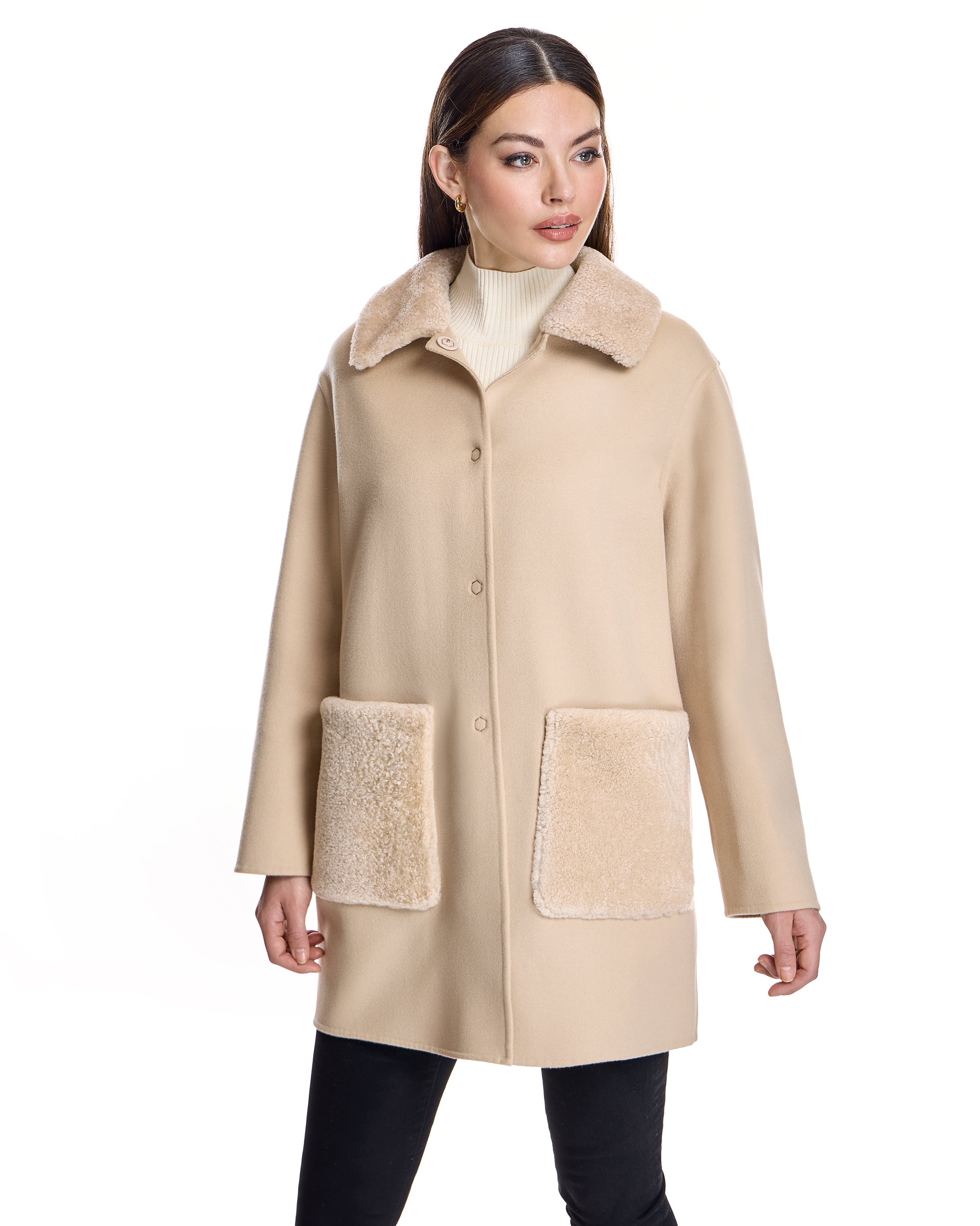 Woolblend Walking Coat with Shearling Trim