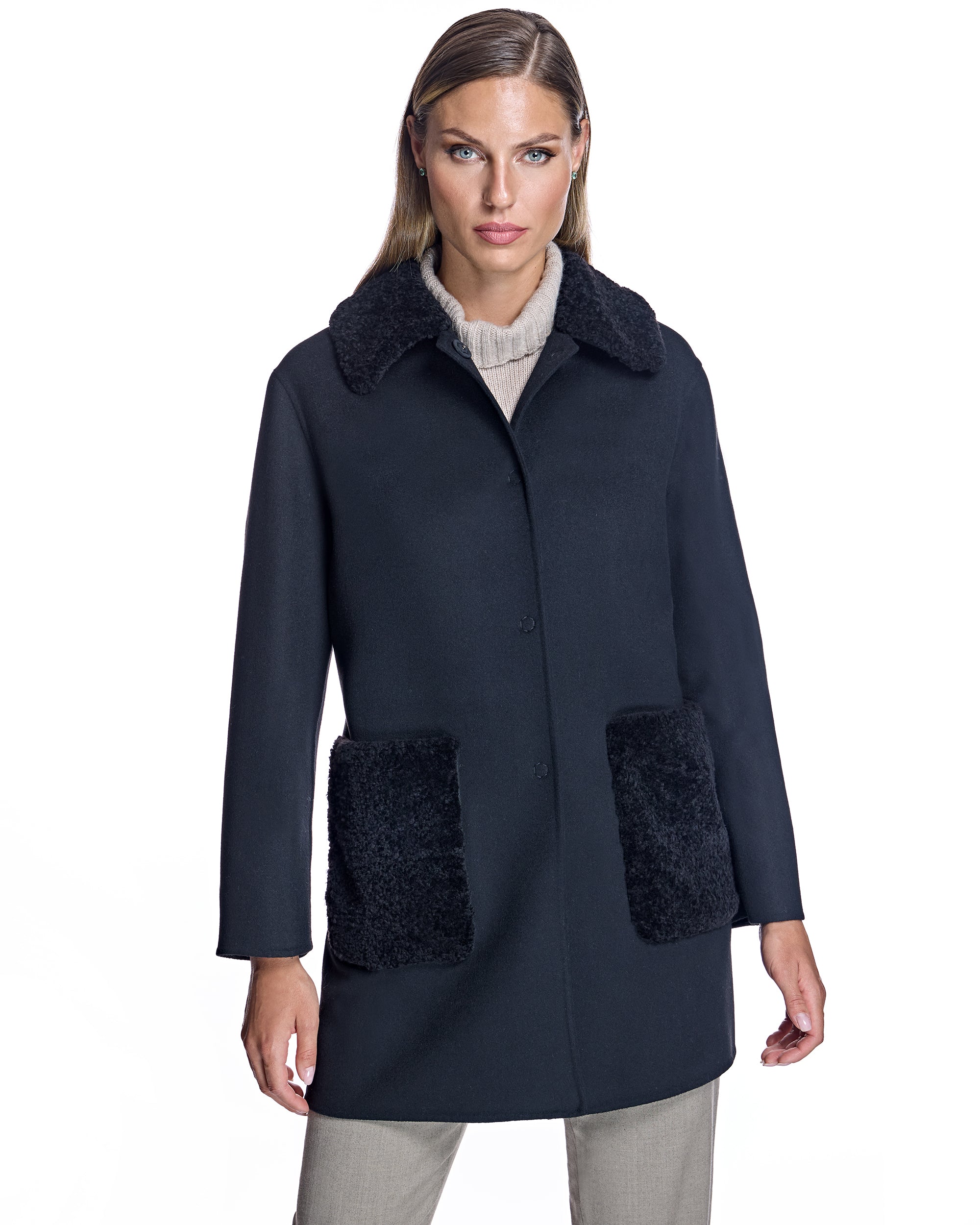 Woolblend Walking Coat with Shearling Trim-Maximilian