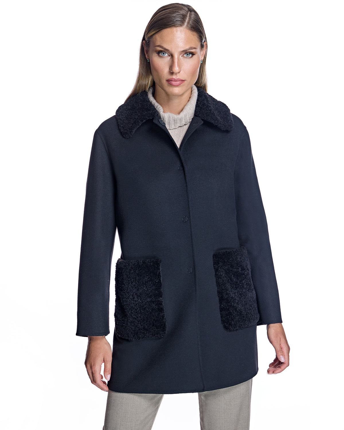 Woolblend Walking Coat with Shearling Trim