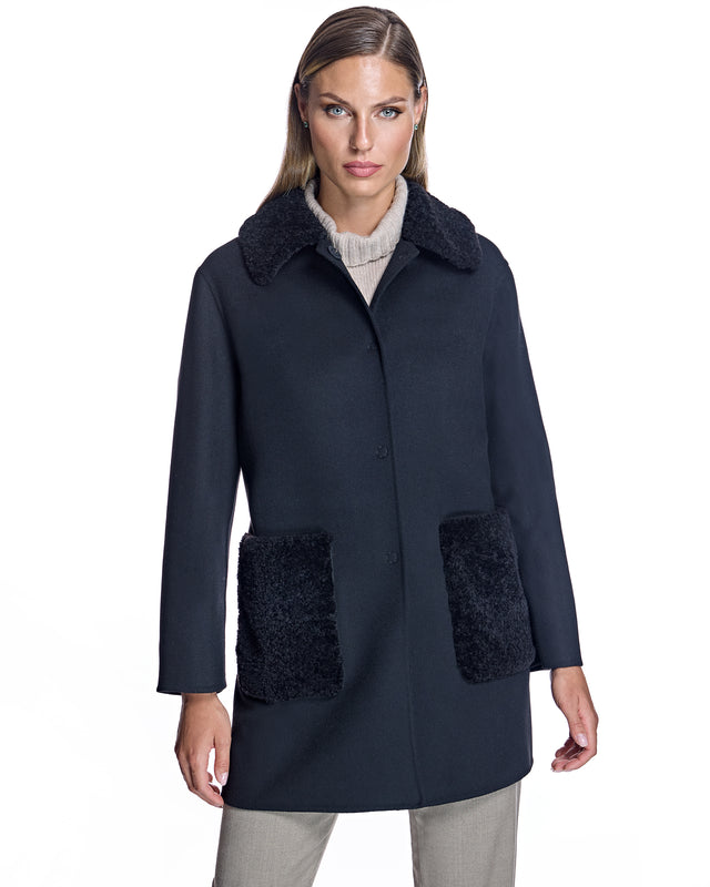 Woolblend Walking Coat with Shearling Trim