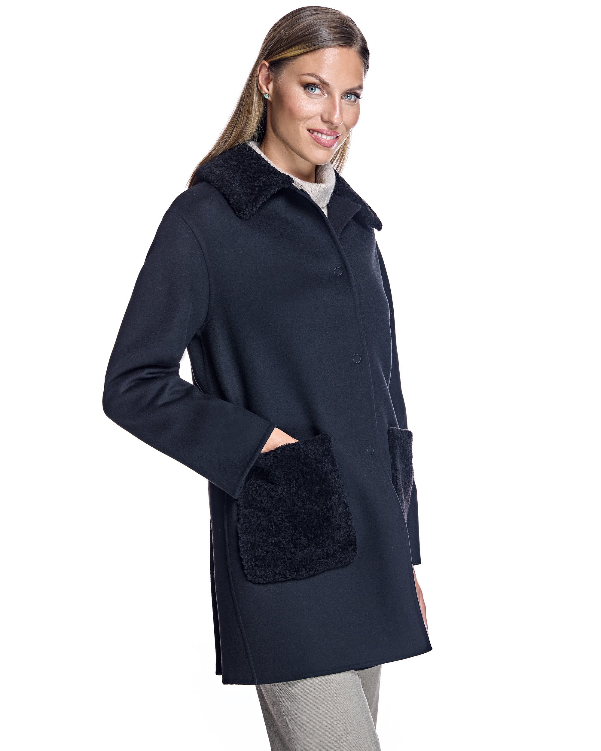 Woolblend Walking Coat with Shearling Trim-Maximilian